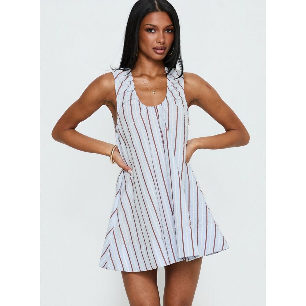 NWT Princess Polly Eberta Ruched Baby Doll Mini Dress Blue Stripe US 4 - Picture 8 of 11